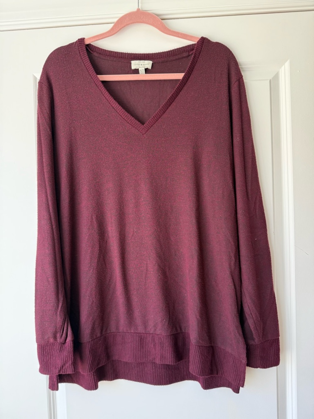 Lucky Brand Burgundy Knit V-Neck Sweater, Lightweight, XL